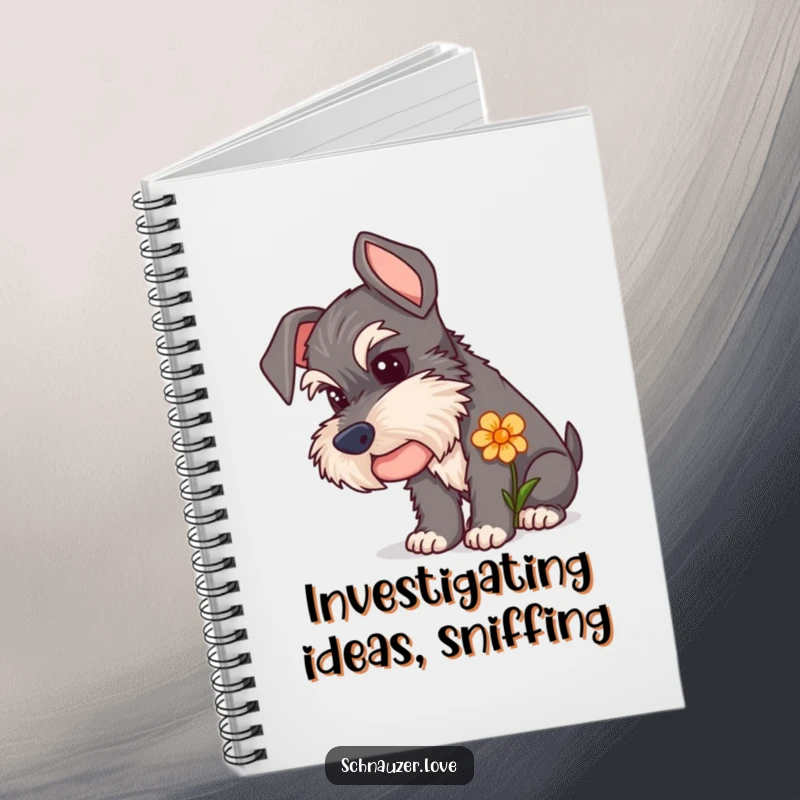 Funny Schnauzer Notebook featuring a curious dog sniffing a flower, ideal for jotting down thoughts with a sense of gentle curiosity.