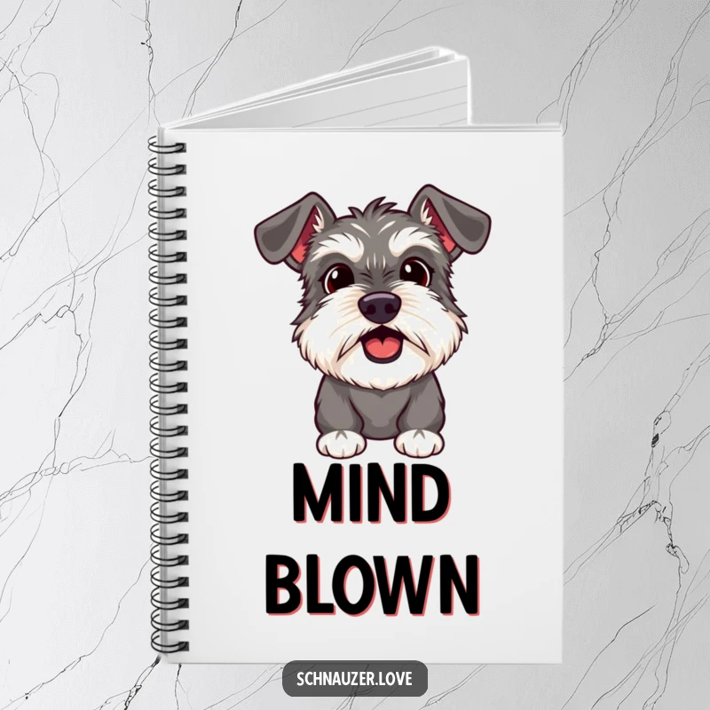 Funny Schnauzer Notebook cover featuring a surprised dog with open mouth and wide eyes, inspiring sudden thoughts.