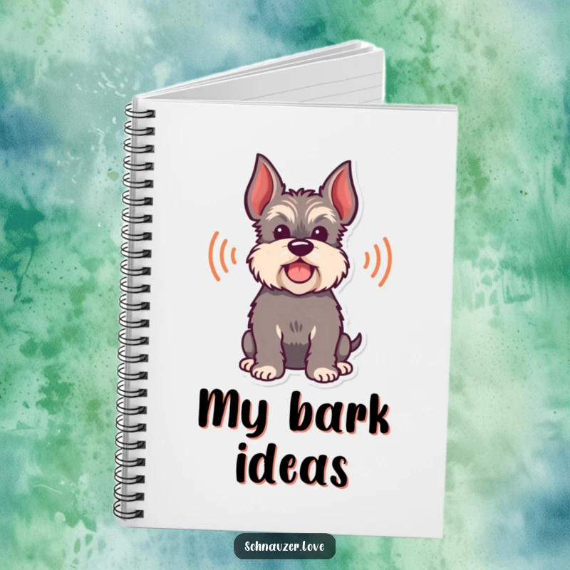 Funny Notebook featuring a happy schnauzer silhouette with sound waves representing a playful bark, ideal for notes.
