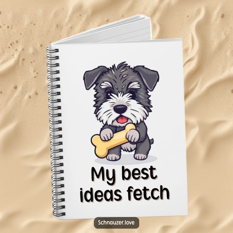 Funny Schnauzer Notebook: A fluffy schnauzer with a bone toy, ready to fetch, symbolizing playful note-taking.