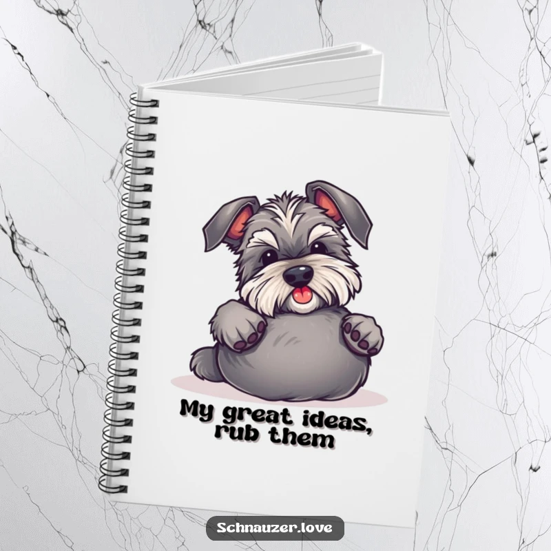 Funny Schnauzer Notebook features a playful dog inviting belly rubs, ideal for jotting down notes, ideas, or to-do lists with a humorous twist.