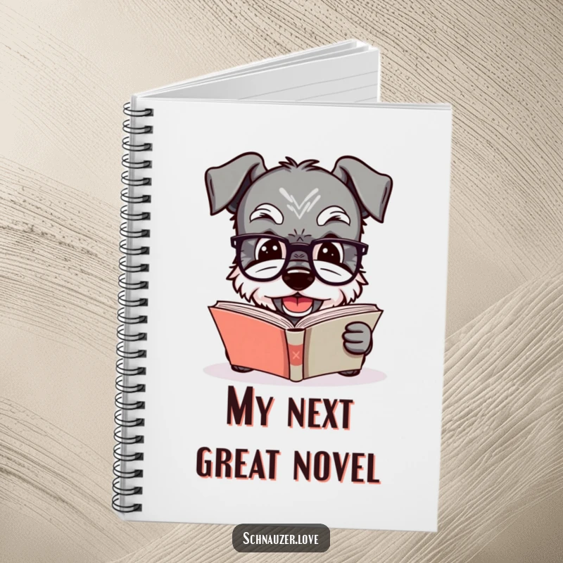 Funny Schnauzer notebook featuring a dog in glasses reading a book, ideal for journaling with a touch of scholarly and humorous canine charm.
