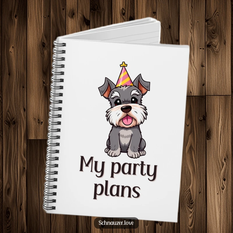 Funny notebook cover art: a schnauzer character wearing a party hat, tilting its head inquisitively, ready for your notes.