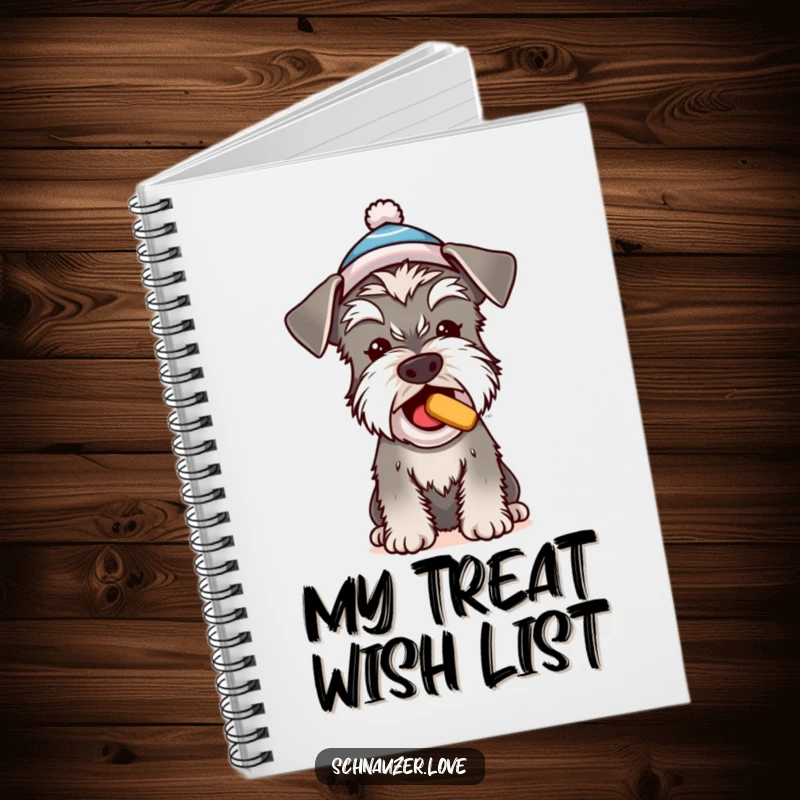 Funny Schnauzer notebook, a cute dog in a tiny hat begging for a treat, stationery with charming canine appeal.