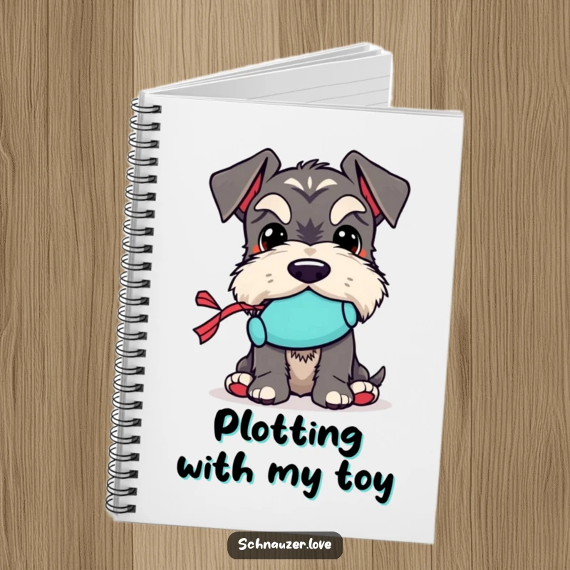 Funny Schnauzer Notebook: Depicts a schnauzer character holding a tiny squeaky toy, ideal for notes and creative writing.