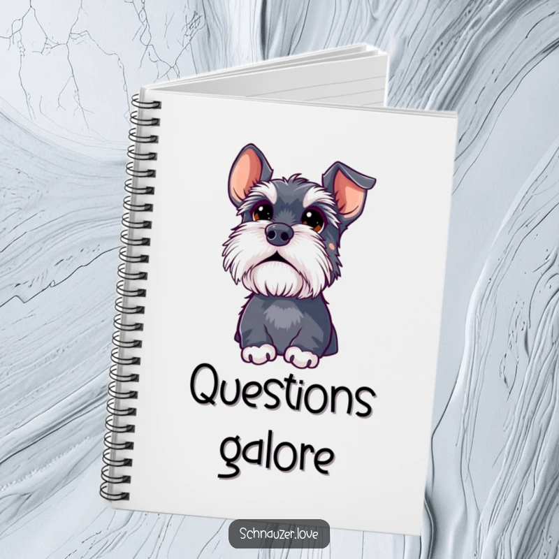 Funny schnauzer notebook, a cover with a fluffy dog with big eyes looking upwards, perfect for jotting down curious thoughts.