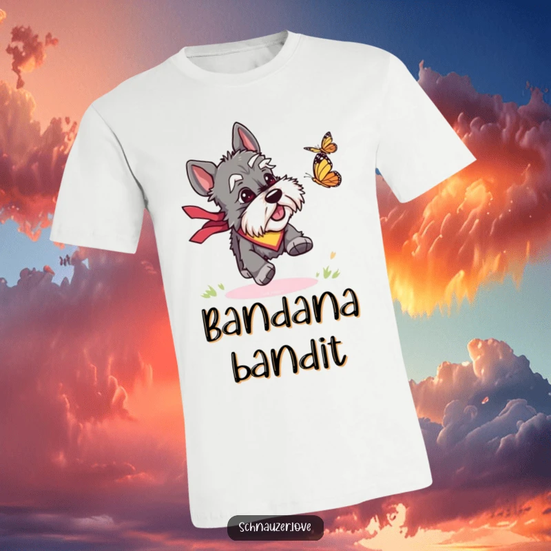 Funny t-shirt featuring a schnauzer sporting a bandana, hilariously chasing after a butterfly with boundless energy and excitement.