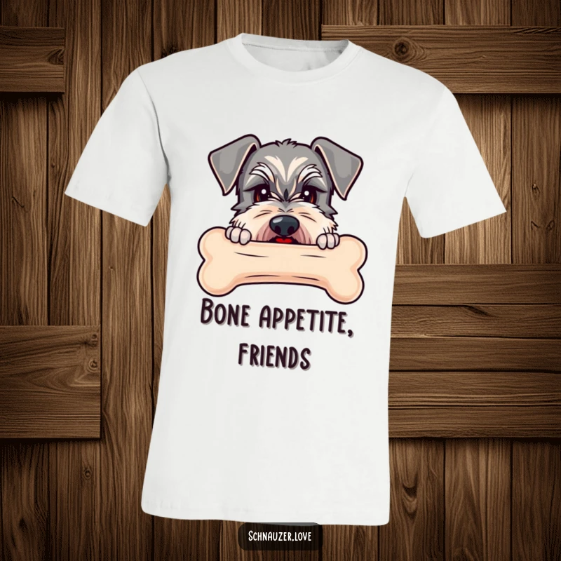 Funny Schnauzer t-shirt with a schnauzer peeking curiously over a giant bone, anticipating a tasty reward.