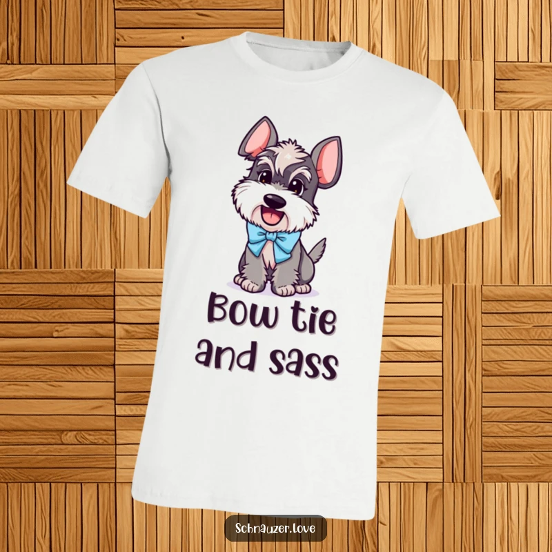 Funny Schnauzer T-Shirt: Excited schnauzer character wearing a bow, tail wagging with glee, ideal for humorous dog apparel.