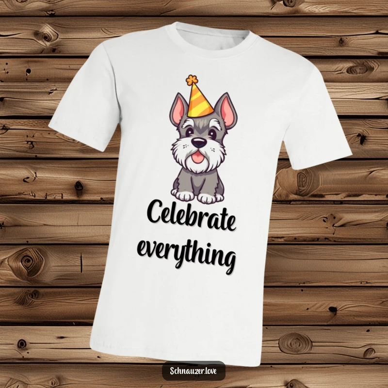 Funny Schnauzer T-Shirt depicting a schnauzer wearing a party hat and tilting its head, embodying festive cheer.