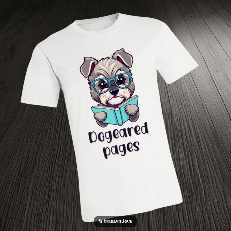 Funny schnauzer t-shirt, a cute fluffy dog wearing small spectacles, holding an open book, looking incredibly scholarly and amusing.