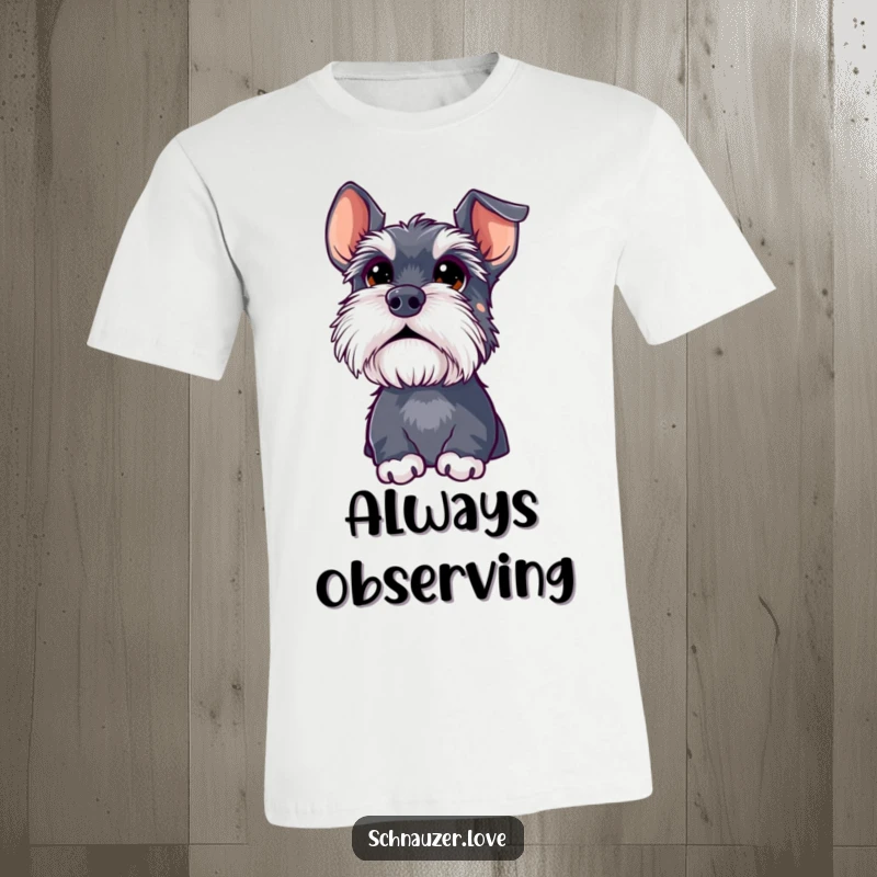 Funny schnauzer t-shirt, a fluffy dog with oversized, expressive eyes looking upwards, conveying a sense of wonder and curiosity.