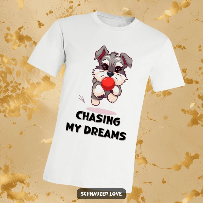Funny Schnauzer T-Shirt depicting a fluffy schnauzer energetically chasing a bright red bouncing ball.