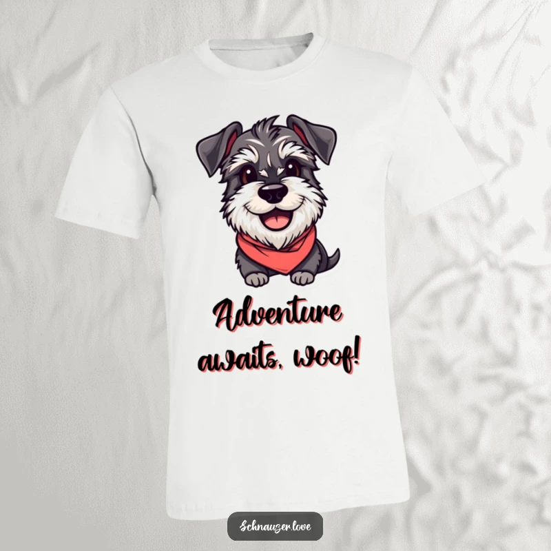 Funny Schnauzer T-Shirt: A smiling, bandana-wearing schnauzer looking eager, a humorous gift for dog lovers.