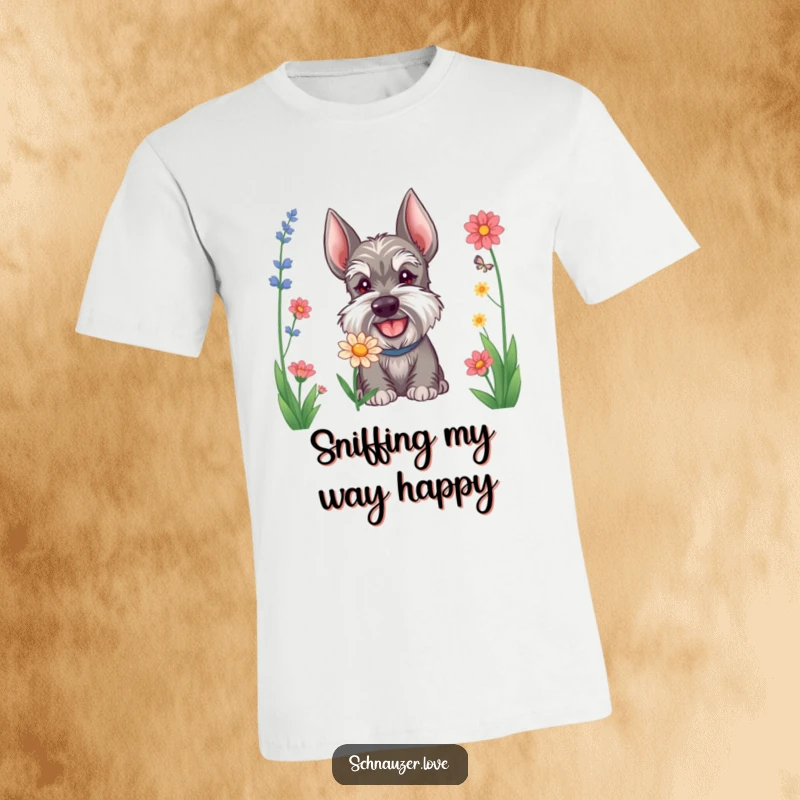 Funny Schnauzer t-shirt showing a happy dog intently sniffing a flower, celebrating canine curiosity and making a great gift.