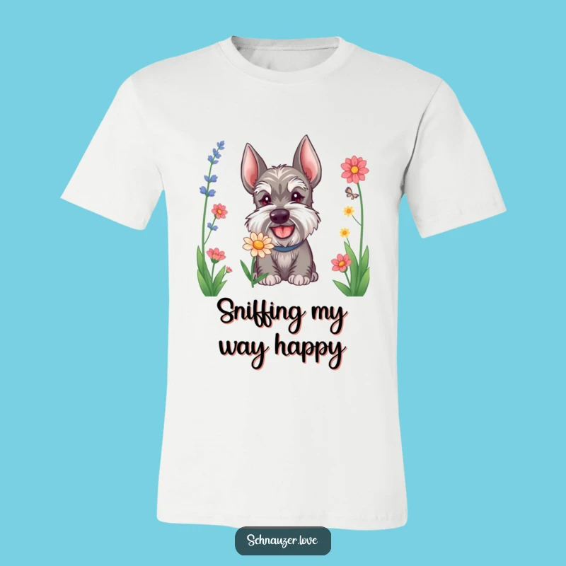 Funny Schnauzer Flower Sniffing T-Shirt: Wear Your Pup's Joyful, Hilarious Curiosity Today