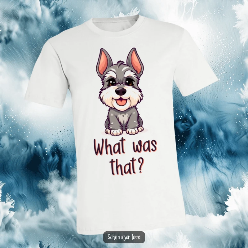 Funny Schnauzer T-Shirt: A cheerful schnauzer tilts its head adorably, showcasing curiosity and charm for a great funny gift.