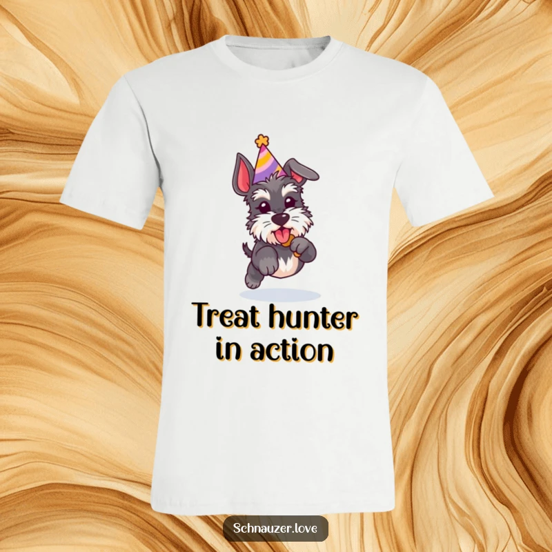 Funny Schnauzer t-shirt depicting a dog in a party hat jumping enthusiastically for a treat, tongue slightly out.
