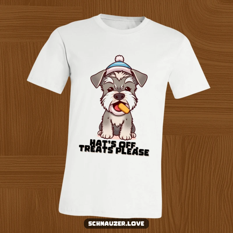 Funny Schnauzer t-shirt, a cute dog in a tiny hat begging for a treat, charming and humorous pet apparel.