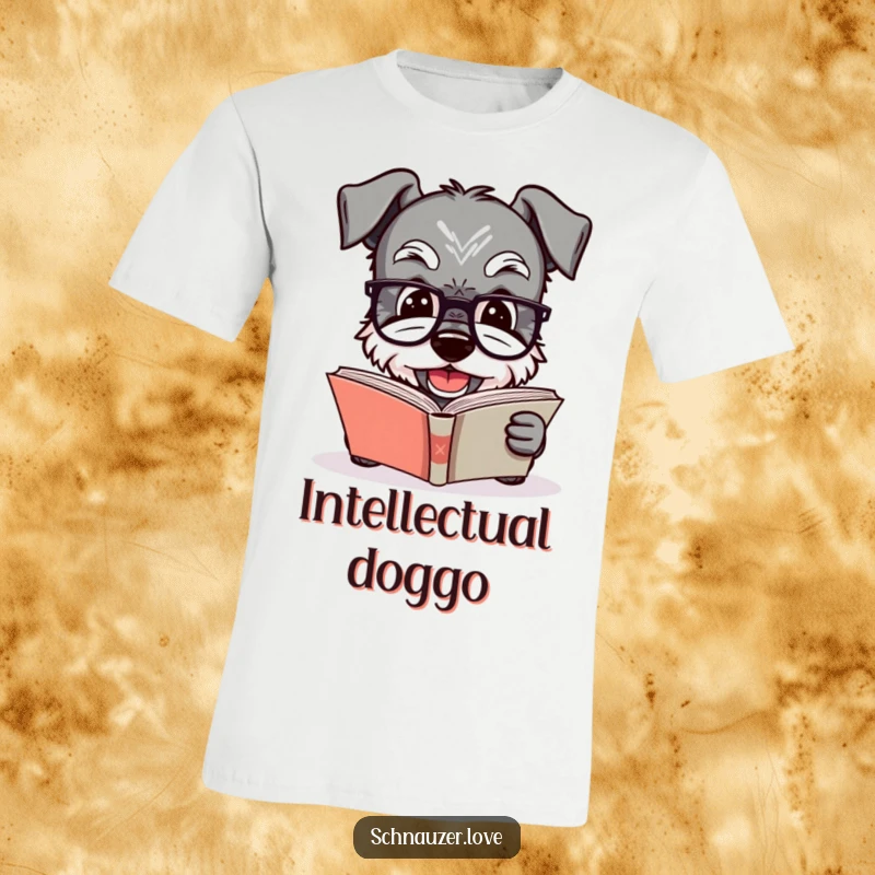 Funny Schnauzer t-shirt featuring a dog wearing tiny glasses, reading a book with a smile, capturing the essence of a studious and happy pup.