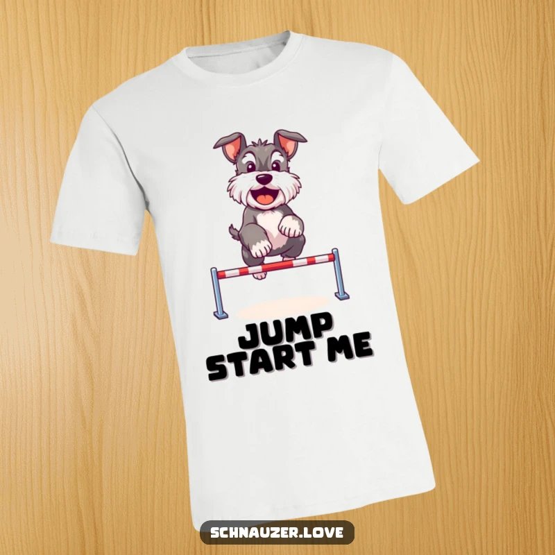 Funny Schnauzer t-shirt depicting a cute dog happily jumping over a tiny hurdle, showcasing agility and a cheerful demeanor.