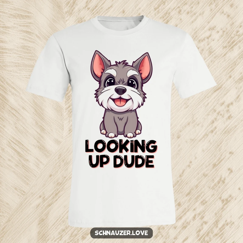 Funny t-shirt featuring a happy schnauzer dog with a joyful expression, looking upwards with excitement.