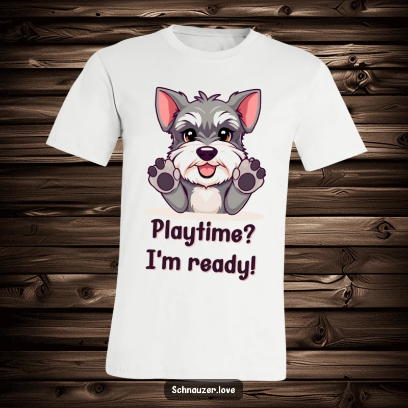Funny Schnauzer t-shirt featuring an adorable schnauzer dog with its paws extended, signaling an invitation to play.