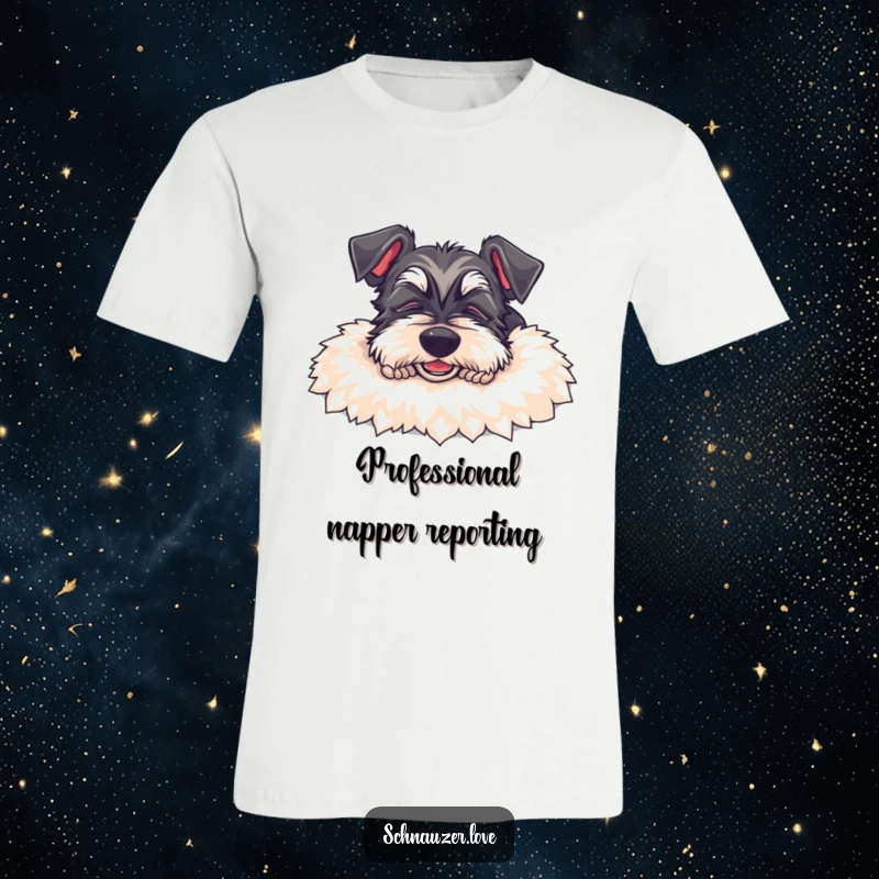 Funny Schnauzer T-Shirt: A content schnauzer dog smiles while napping deeply on a plush rug, exuding ultimate comfort and humor.