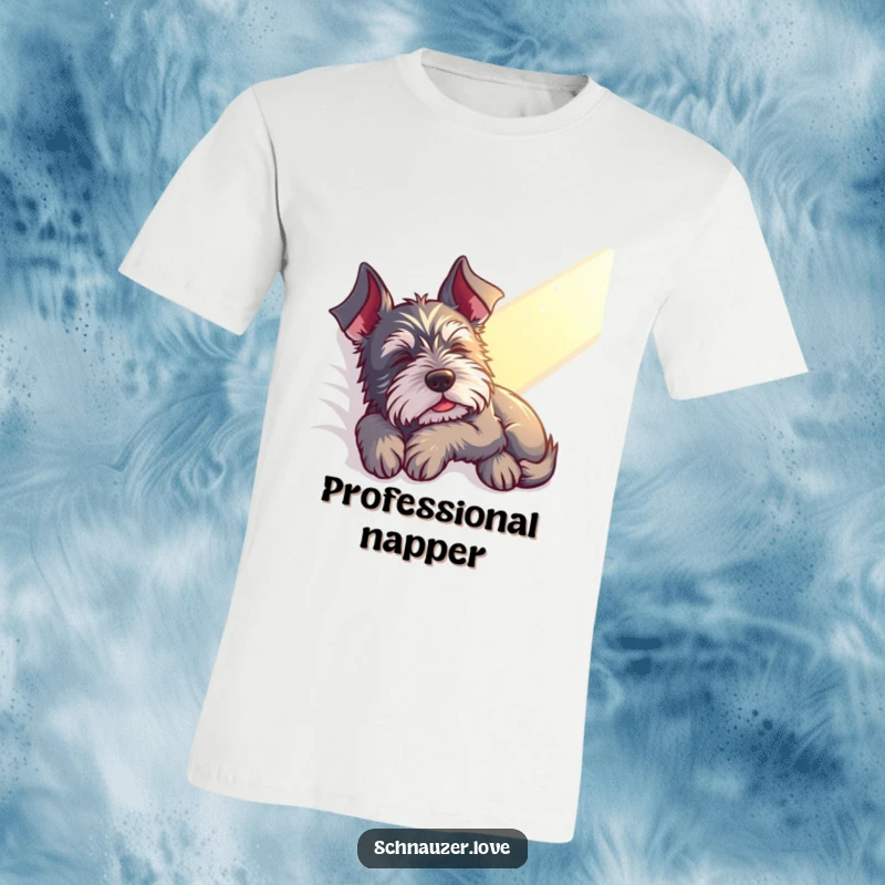 Funny Schnauzer T-Shirt: A contented schnauzer naps peacefully in a sunbeam, showcasing hilarious tranquility and relaxation.