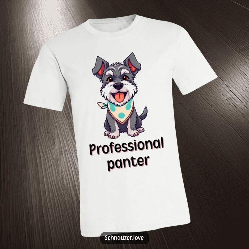 Funny Schnauzer T-Shirt: A cheerful schnauzer sporting a bandana, happily panting and wagging its tail, showcasing pure doggy enthusiasm.