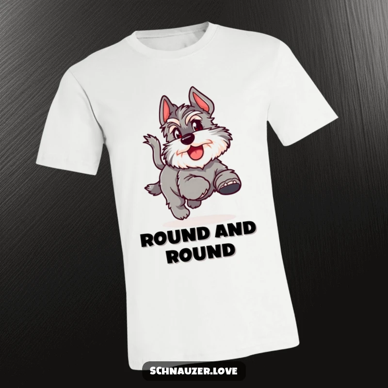Funny T-Shirt depicting a fluffy schnauzer joyfully chasing its own tail in a hilarious, energetic loop.