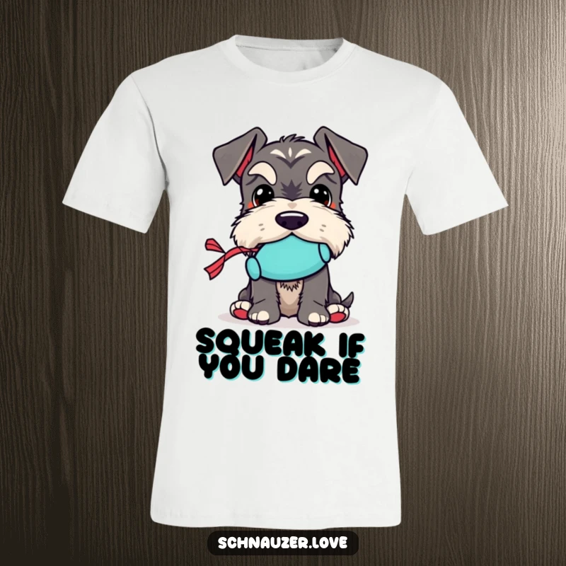 Funny Schnauzer T-Shirt: Features a schnauzer character happily holding a tiny squeaky toy in its mouth, a humorous design.
