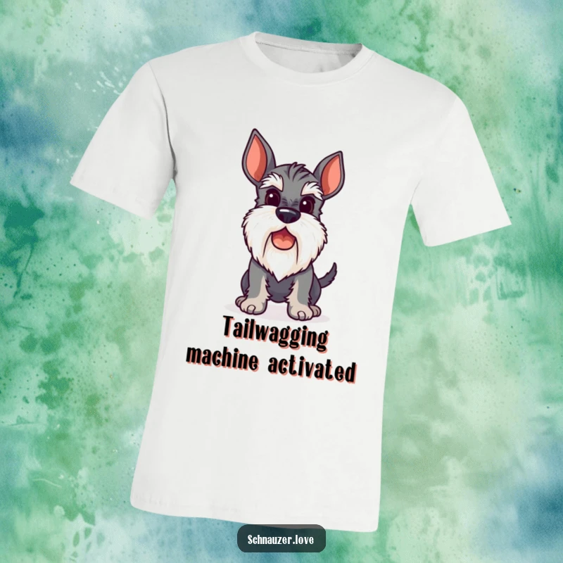 Funny T-Shirt showcasing a stylized schnauzer with a perky beard, joyfully wagging its tail with infectious enthusiasm.