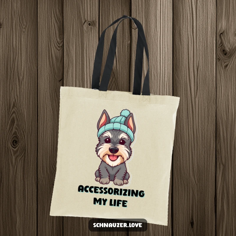 Funny Schnauzer Tote Bag of a cheerful dog wearing a small knitted hat, making a stylish and humorous statement.