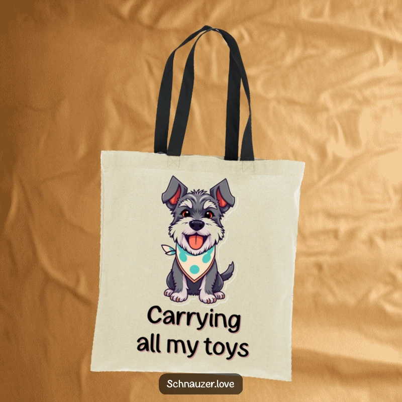 Funny Schnauzer Tote Bag: A joyful schnauzer wearing a bandana, panting happily with a wagging tail, ready for adventure.