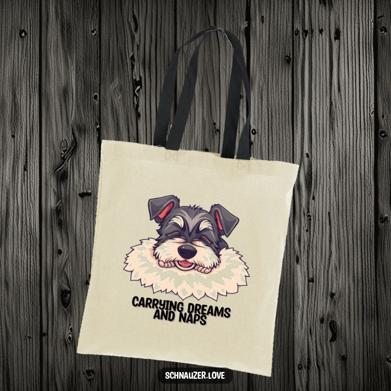 Funny Schnauzer Tote Bag: Content smiling schnauzer dog naps on a soft rug, showcasing a humorous and practical accessory.