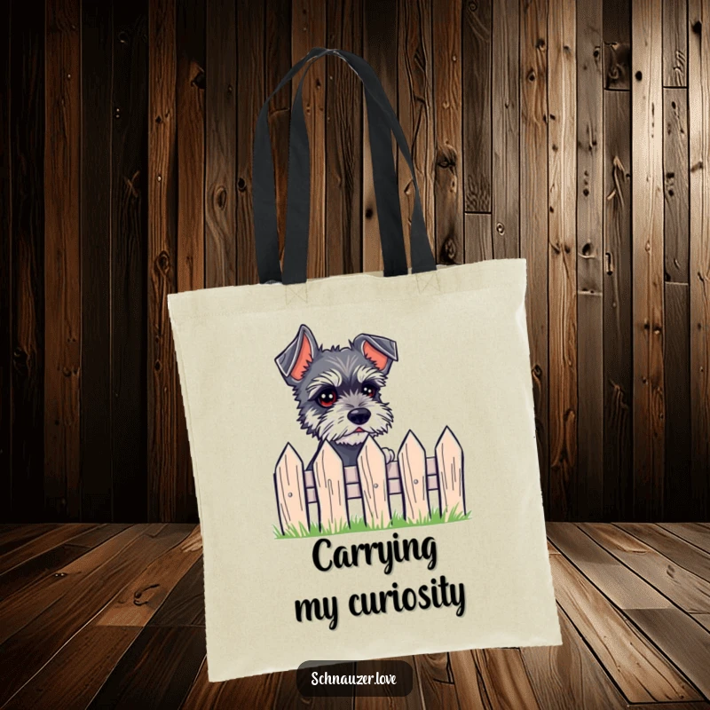 Funny Tote Bag showing a small schnauzer with expressive eyes peeking inquisitively over a tiny fence.