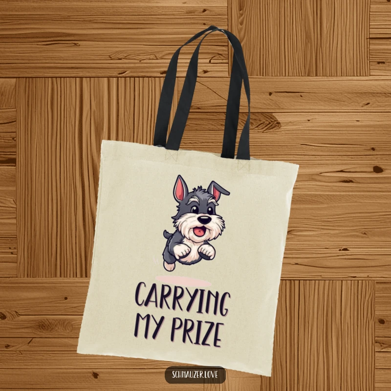 Funny Schnauzer Tote Bag: An energetic schnauzer runs with a ball, perfect for carrying daily items with a fun, active vibe.