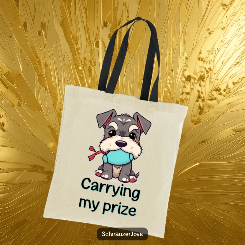 Funny Schnauzer Tote Bag: A schnauzer character holding a tiny squeaky toy in its mouth, a charming and humorous accessory.