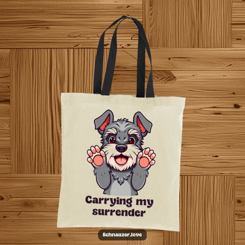 Funny schnauzer tote bag with paws up in playful surrender, a happy dog giving up hilariously, great for errands.