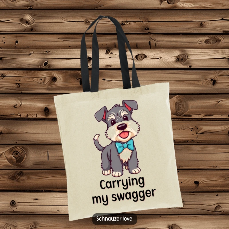 Funny Schnauzer tote bag with a dog wearing a bow tie and wagging tail, ideal for carrying essentials stylishly.