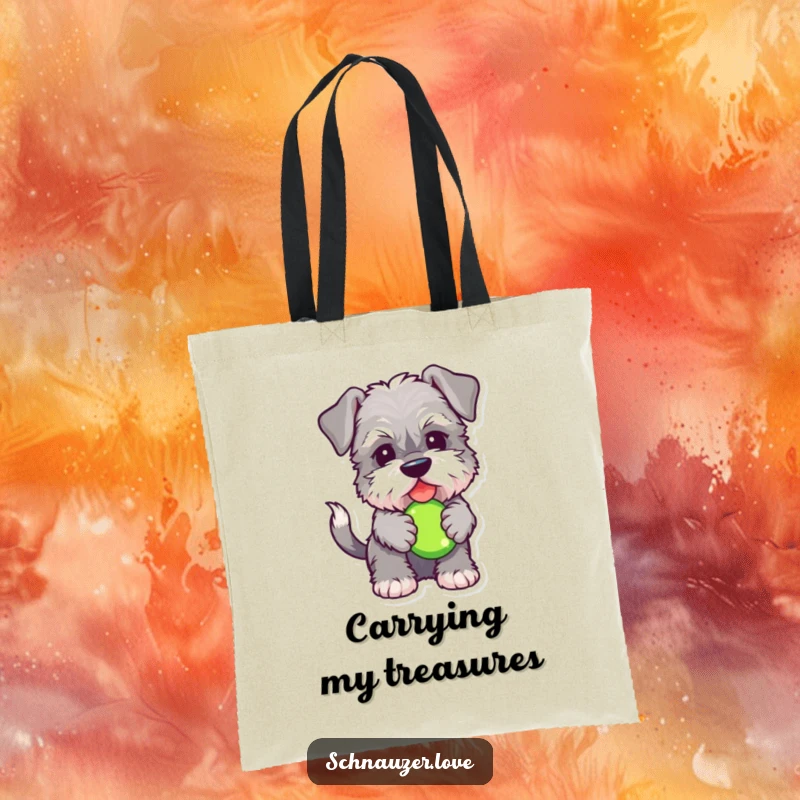 Funny Schnauzer tote bag featuring a fluffy dog with a wagging tail, holding a squeaky toy, perfect for carrying essentials with pet-loving humor.