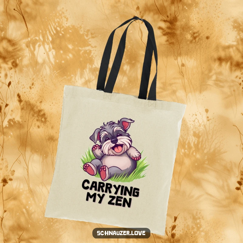 Funny Schnauzer Tote Bag depicting a happy dog rolling on its back in soft green grass, a picture of pure, unadulterated fun.