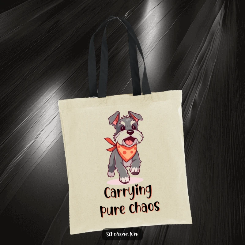 Funny Schnauzer tote bag with a dog in a bandana chasing its tail, perfect for carrying everyday items.