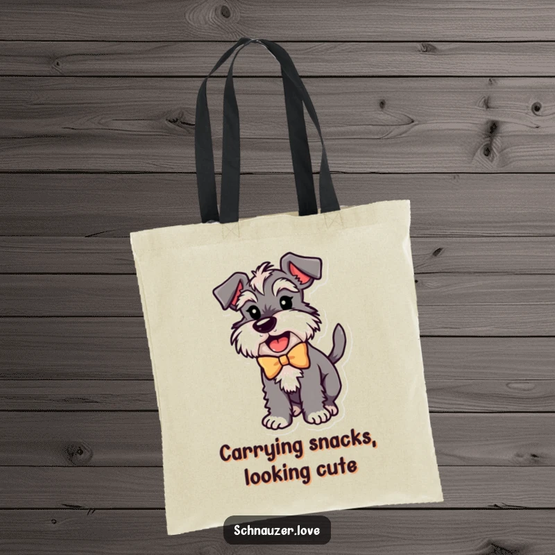 Funny Schnauzer Tote Bag: A happy schnauzer wearing a bow, wagging its tail energetically, a practical and humorous accessory.