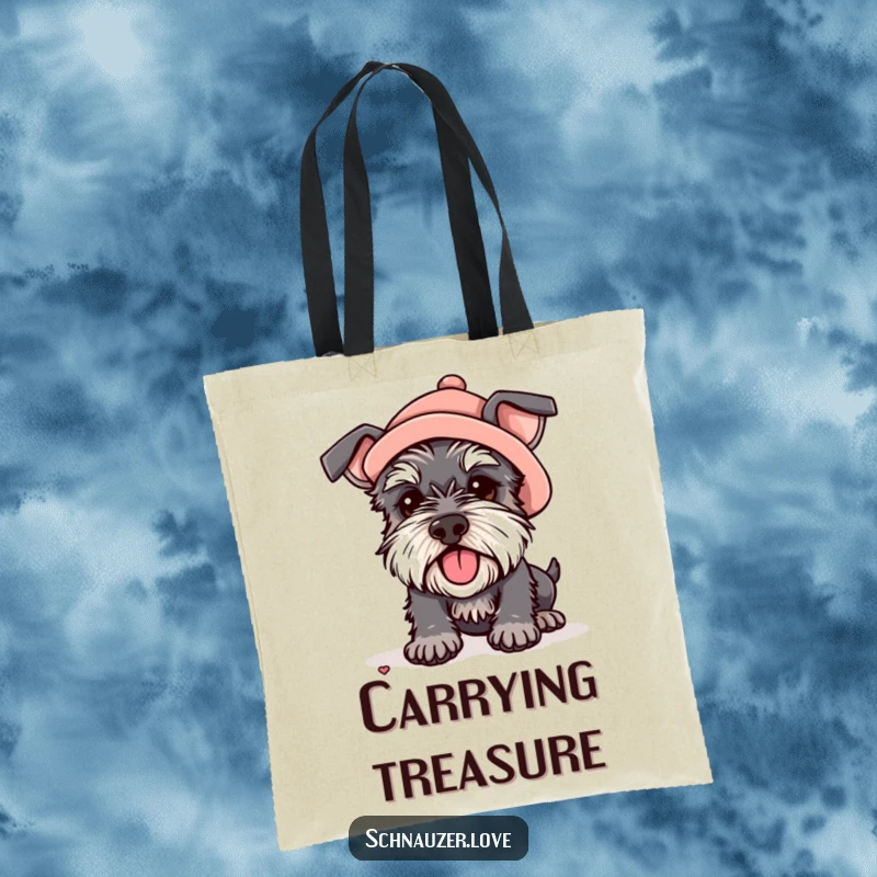 Funny tote bag showcasing a schnauzer in a hat digging enthusiastically, ideal for carrying daily items with a dose of canine humor.