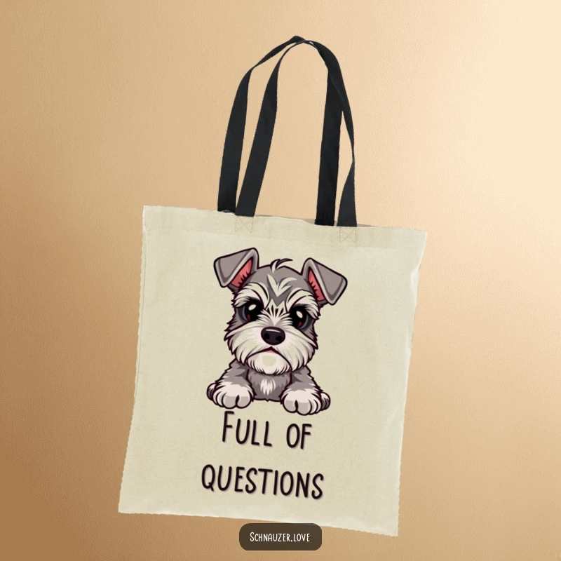 Funny Tote Bag featuring a cute schnauzer with prominent eyebrows, tilting its head in a pose of charming curiosity.