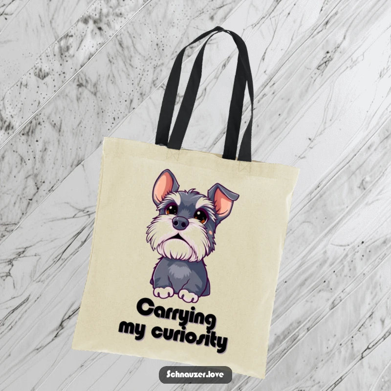 Funny schnauzer tote bag, a fluffy dog with huge, curious eyes gazing upwards, ready for any adventure or discovery.