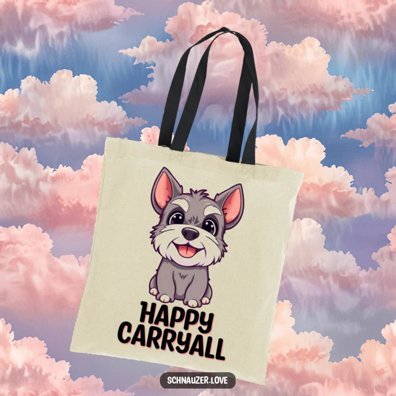 Funny tote bag featuring a happy schnauzer dog with a bright, joyful expression, looking upwards.