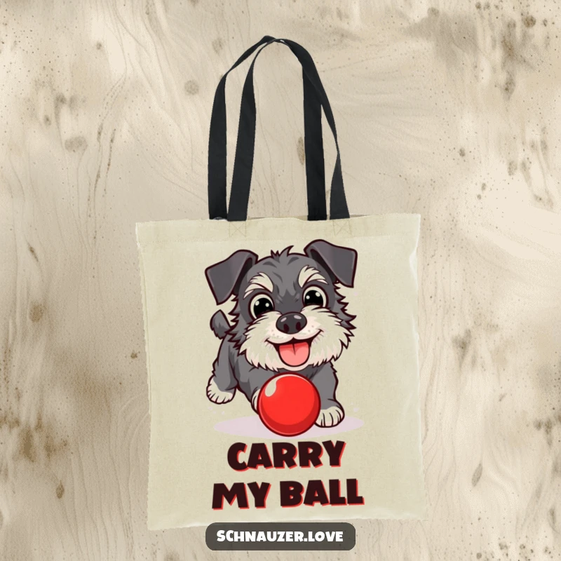 Funny Schnauzer Tote Bag: A joyful dog with wide eyes, chasing a red ball. A practical and humorous bag, perfect funny gift.